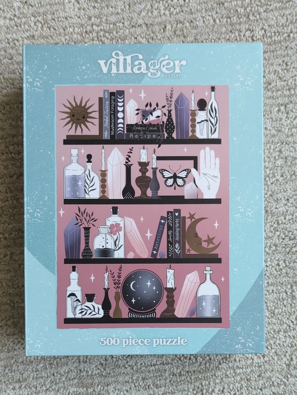 Villager Puzzle Mystic Bookshelf Whimsical Pink Shelves 500-Piece Puzzle